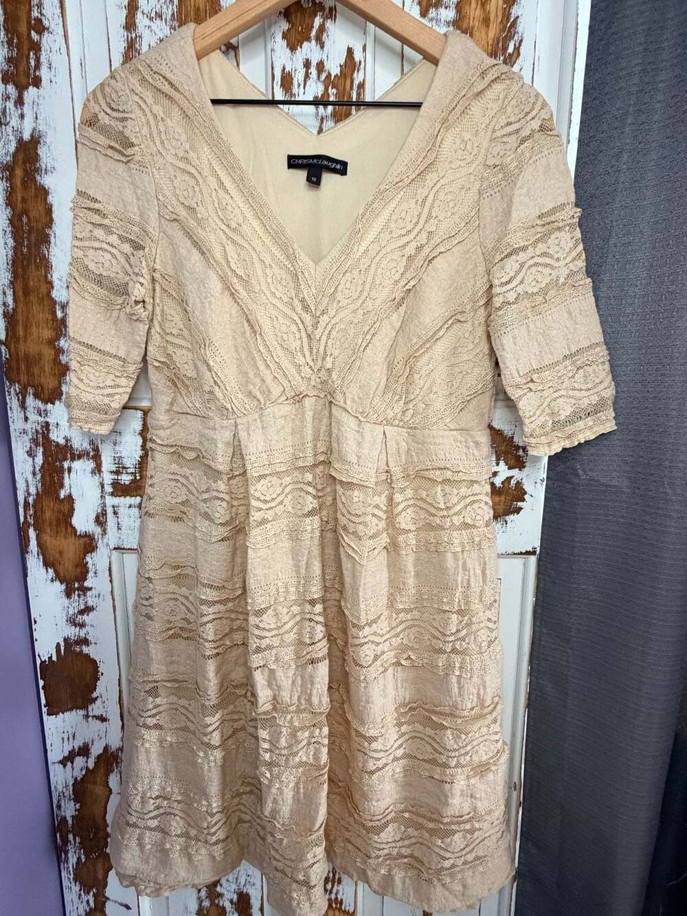 Chic Beige Crochet Lace Boho Dress Chris McLaughlin Size 12 3/4 Sleeve Romantic